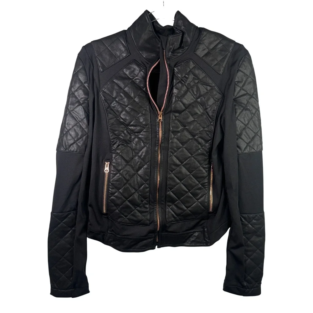 Victoria Sport Quilted Faux Leather Moto Jacket Rose Gold Black XS Athleisure